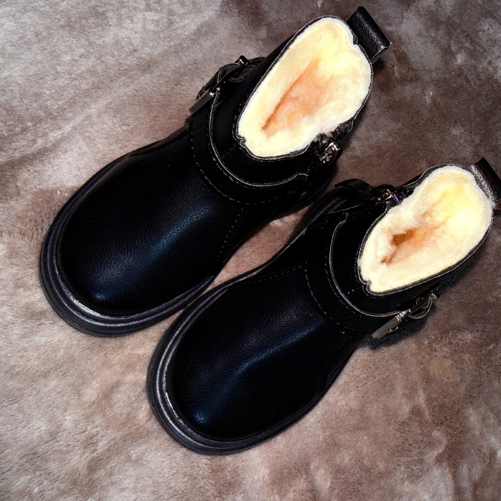 Ankle Boots Kids Size 21 Black NEW Faux Fur Lined Lug Sole Buckle Zip